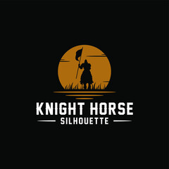 Horseback Knight Silhouette, Horse Warrior logo design with sunset/sunrise