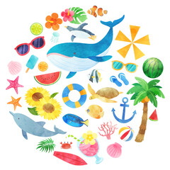 夏のイメージの海の生き物と物のベクターイラストアイコンセット素材
