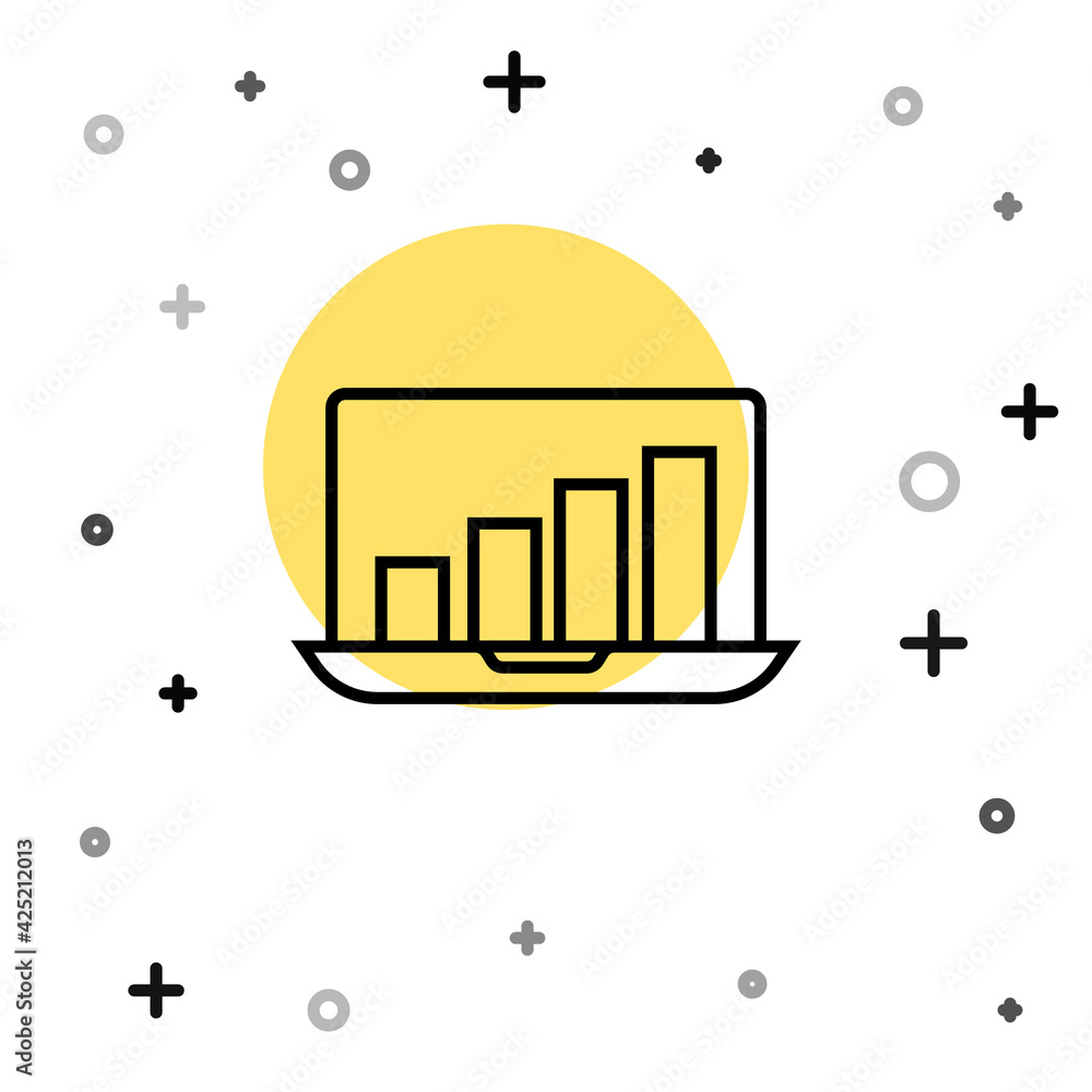 Fototapete black line laptop with graph chart icon isolated on white background. report text file icon. account
