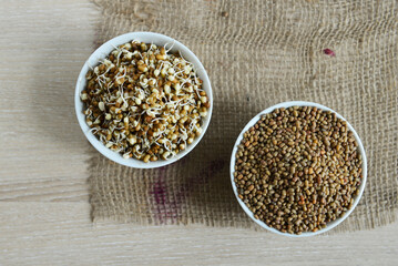 Bowls of raw and sprouted moong beans placed side by side. Healthy and nutritious soaked Mung sprouts.