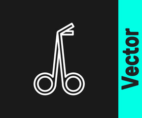 White line Medical scissors icon isolated on black background. Vector
