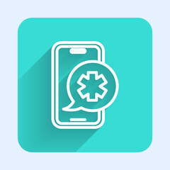 White line Emergency mobile phone call to hospital icon isolated with long shadow. Green square button. Vector