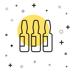 Black line Medical vial, ampoule, bottle icon isolated on white background. Vaccination, injection, vaccine healthcare concept. Random dynamic shapes. Vector