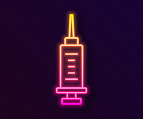 Glowing neon line Syringe icon isolated on black background. Syringe for vaccine, vaccination, injection, flu shot. Medical equipment. Vector