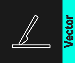 White line Medical surgery scalpel tool icon isolated on black background. Medical instrument. Vector