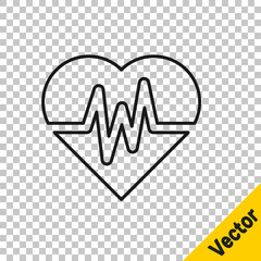 Black line Heart rate icon isolated on transparent background. Heartbeat sign. Heart pulse icon. Cardiogram icon. Vector