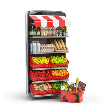 Grocery food buying online and delivery app concept. Food market in smartphone. Smartphone or mobile phone and shopping basket full of food.