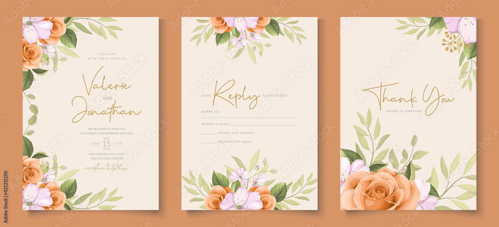 Wall mural Modern wedding invitation template with soft colorful floral design - Wall murals