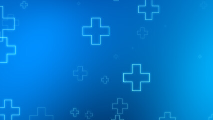 Obraz premium Medical health blue cross neon light shapes pattern background. Abstract healthcare technology and science concept.