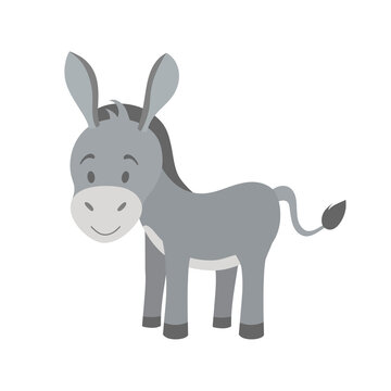 Young grey ass in cartoon style. The cute character is happy. Vector illustration, isolated color elements on a white background