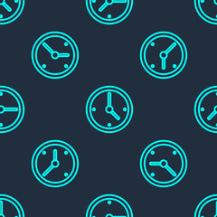 Green line Clock icon isolated seamless pattern on blue background. Time symbol. Vector