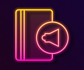Glowing neon line Audio book icon isolated on black background. Book with headphones. Audio guide sign. Online learning concept. Vector
