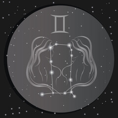 Gemini zodiac sign icon on dark night sky background. Sagittarius constellation