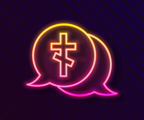 Obraz premium Glowing neon line Grave with cross icon isolated on black background. Vector