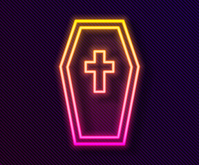 Obraz premium Glowing neon line Coffin with christian cross icon isolated on black background. Happy Halloween party. Vector