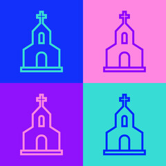 Pop art line Church building icon isolated on color background. Christian Church. Religion of church. Vector