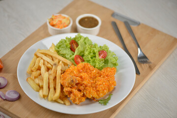 top view chicken cutlet restaurant fries serving lunch dinner fries salad