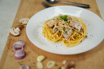 delicious spaghetti carbonara served on wooden table lunch dinner