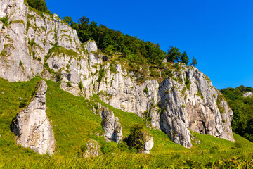 Jurassic limestone mountain massif with Glove Rock - Rekawica - in Pradnik creek valley of Cracow-Czestochowa upland in Ojcow in Lesser Poland