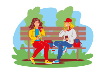 Two girls friends are sitting on a park bench, chatting and eating burgers. Street food, takeaway meal, outdoor recreation. Vector illustration, cartoon characters