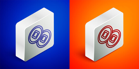 Isometric line Chinese Yuan currency symbol icon isolated on blue and orange background. Coin money. Banking currency sign. Cash symbol. Silver square button. Vector