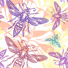 beautiful spring seamless pattern with a picture of flowers and an insect wasp. Tropical motives. Ideal for banners, flyers, backgrounds, prints, invitations, fabrics. EPS10