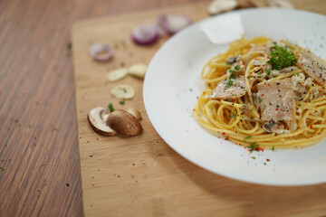 top view of spaghetti carbonara lunch dinner meal