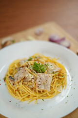 top view of spaghetti carbonara lunch dinner meal