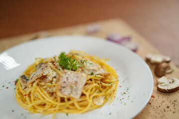top view of spaghetti carbonara lunch dinner meal