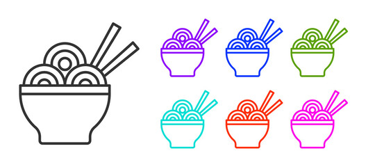 Black line Asian noodles in bowl and chopsticks icon isolated on white background. Street fast food. Korean, Japanese, Chinese food. Set icons colorful. Vector