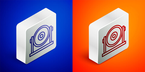 Isometric line Gong musical percussion instrument circular metal disc icon isolated on blue and orange background. Silver square button. Vector