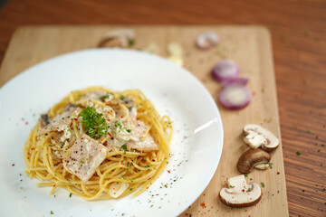 top view of spaghetti carbonara lunch dinner meal