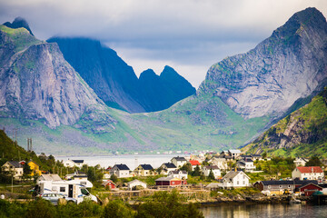 Fjord and mountains landscape. Lofoten islands Norway
