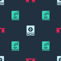 Set Coffee cup to go, Electronic coffee scales and book on seamless pattern. Vector