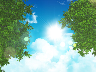 3D nature background with green leaves on a sunny blue sky