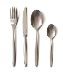 3d realistic cutlery set with shadows - table knife, spoon, fork and tea spoon.