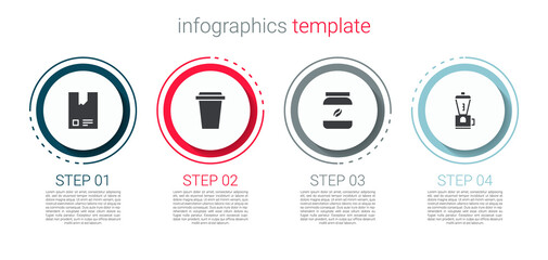 Set Bag of coffee beans, Coffee cup to go, jar bottle and Electric grinder. Business infographic template. Vector