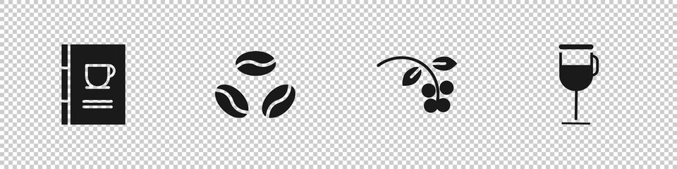 Set Coffee book, beans, bean, branch and Irish coffee icon. Vector