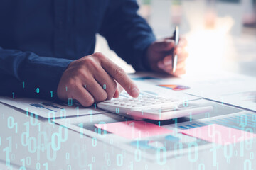 Business people analyze data graphs and graphs economic growth financial investment with hologram chart graph, business strategy concept, data analysis technology.