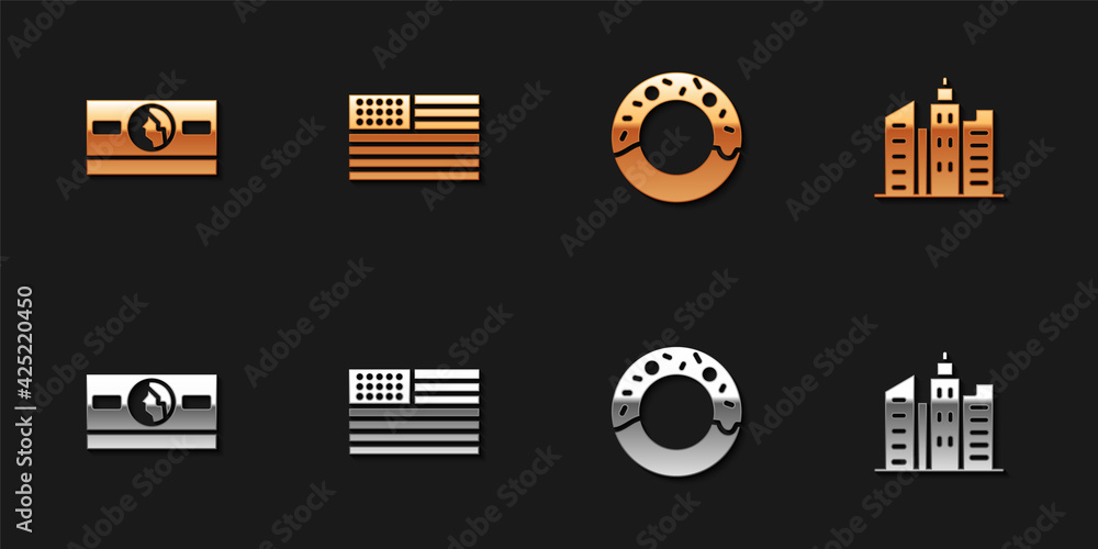 Canvas Prints Set Stacks paper money cash, American flag, Donut and City landscape icon. Vector