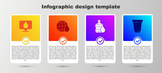 Set Water drop with location, Earth planet in water, Big bottle clean and filter cartridge. Business infographic template. Vector