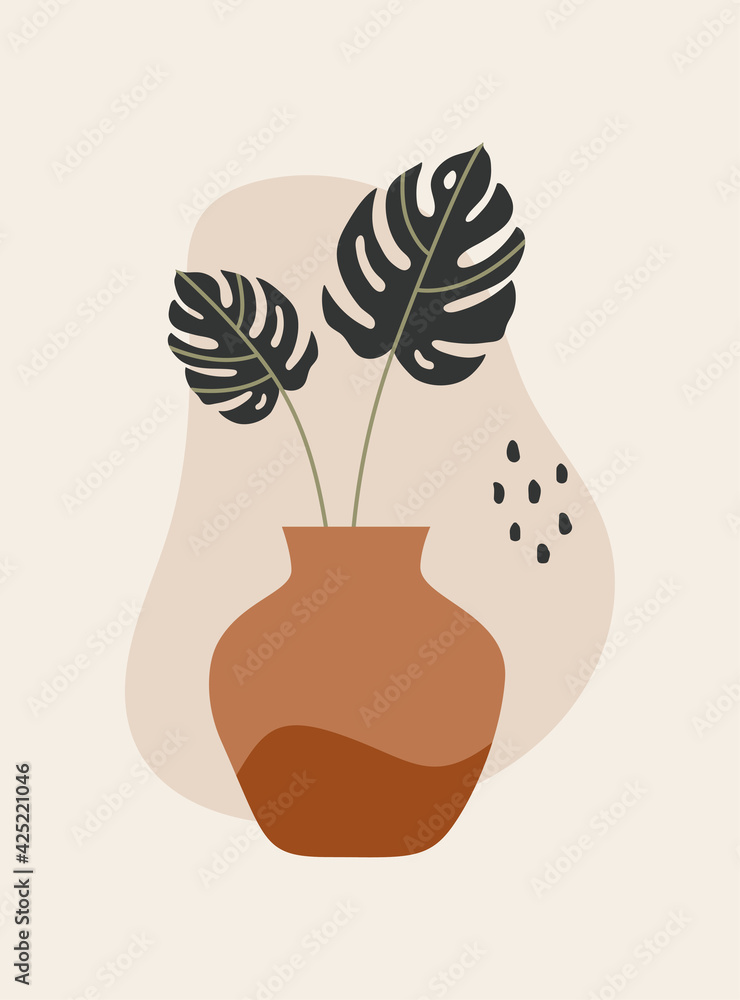 Poster modern abstract wall art with vase and monstera leaves on light background. vector minimalist hand d