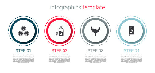 Set Wooden barrels, Vodka with pepper and glass, Wine and Effervescent tablets water. Business infographic template. Vector