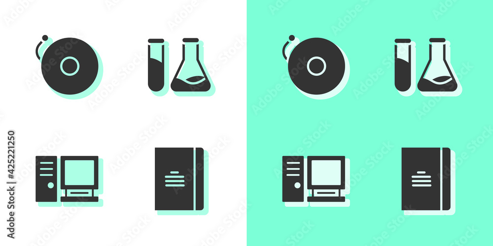 Poster set spiral notebook, ringing alarm bell, computer monitor and test tube and flask icon. vector