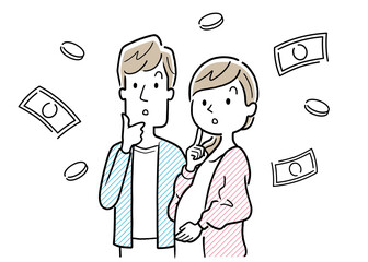 ベクターイラスト素材：お金のことを考える妊婦の妻と夫、夫婦
