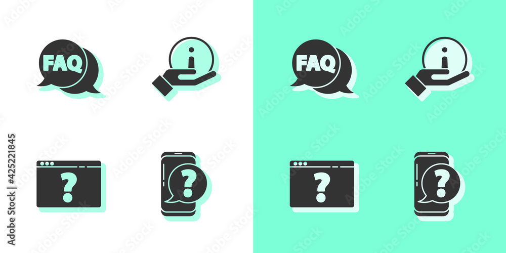 Poster set mobile phone with question, speech bubble faq, browser mark and information icon. vector