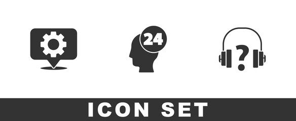 Set Location with gear, Support operator in touch and Headphones icon. Vector