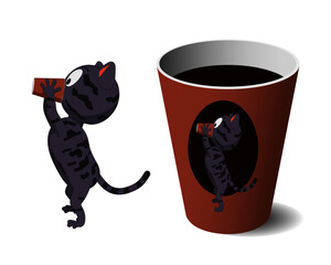 Cute sticker for a paper cup. Cartoon cat is drinking from a paper cup. 