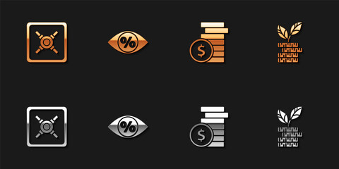 Set Safe, Eye with percent, Coin money dollar and Dollar plant icon. Vector