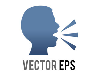 Vector dark blue silhouette of speaking person head icon with lines demonstrating speech